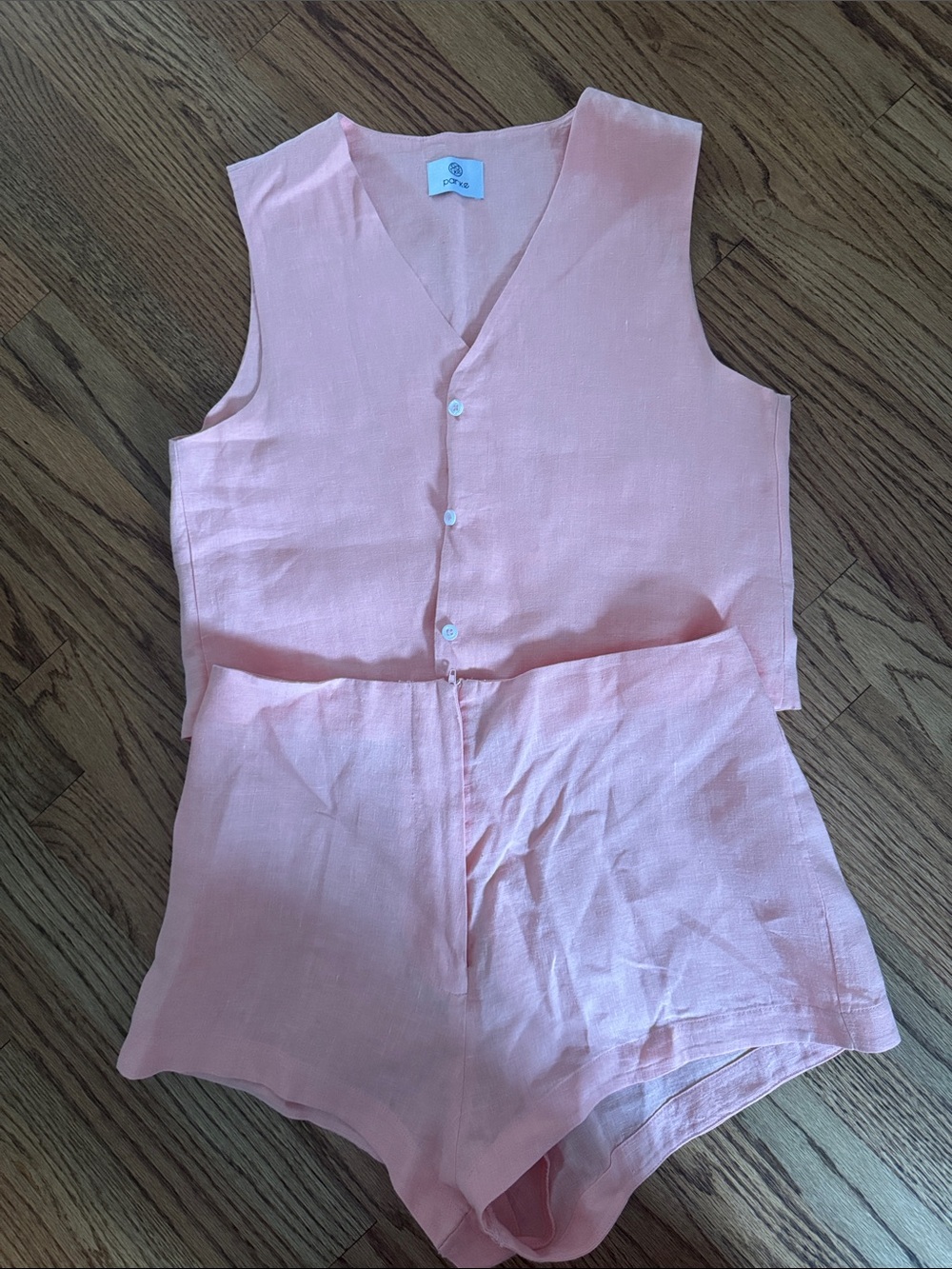 Pink 100% Linen Button-Front Vest & Short Set